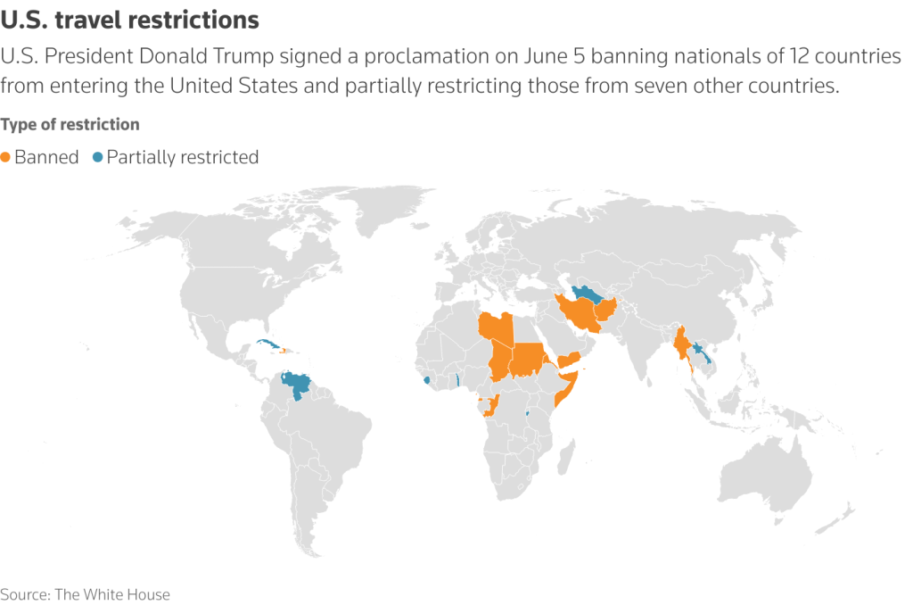 Source: WhiteHouse Map highlights the countries nationals of which have been fully or partially restricted from entering the United States